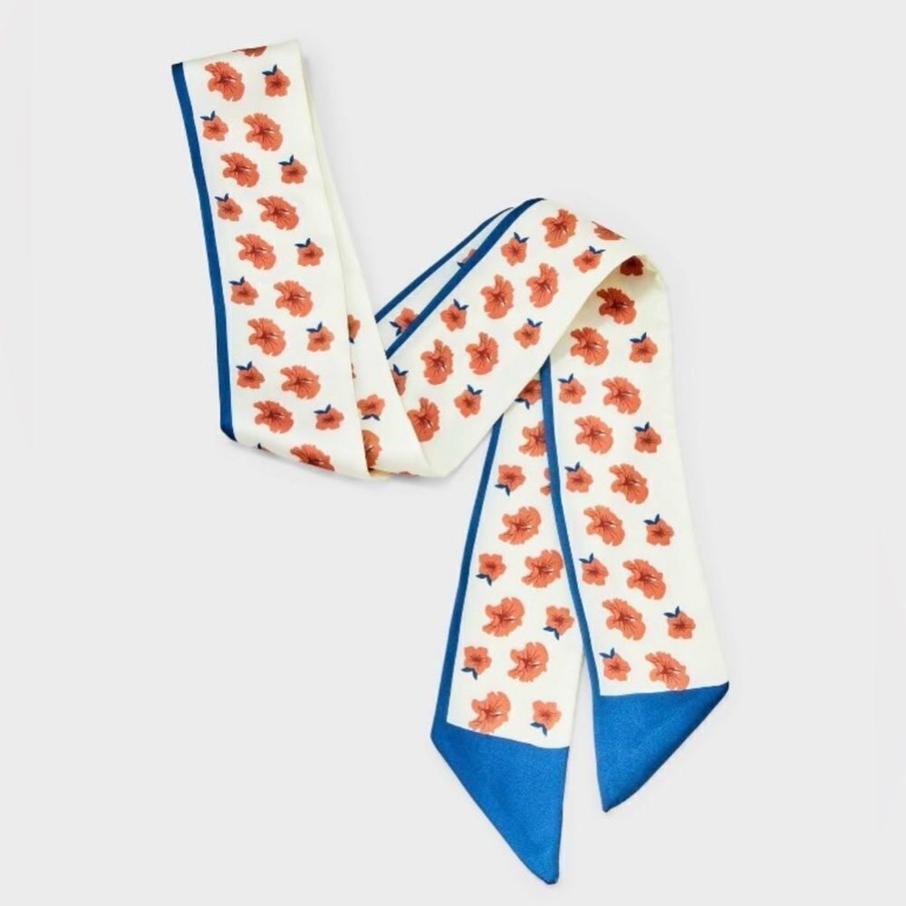 a new day White Blue Coral Hibiscus Floral Skinny Head Neck Purse Scarf